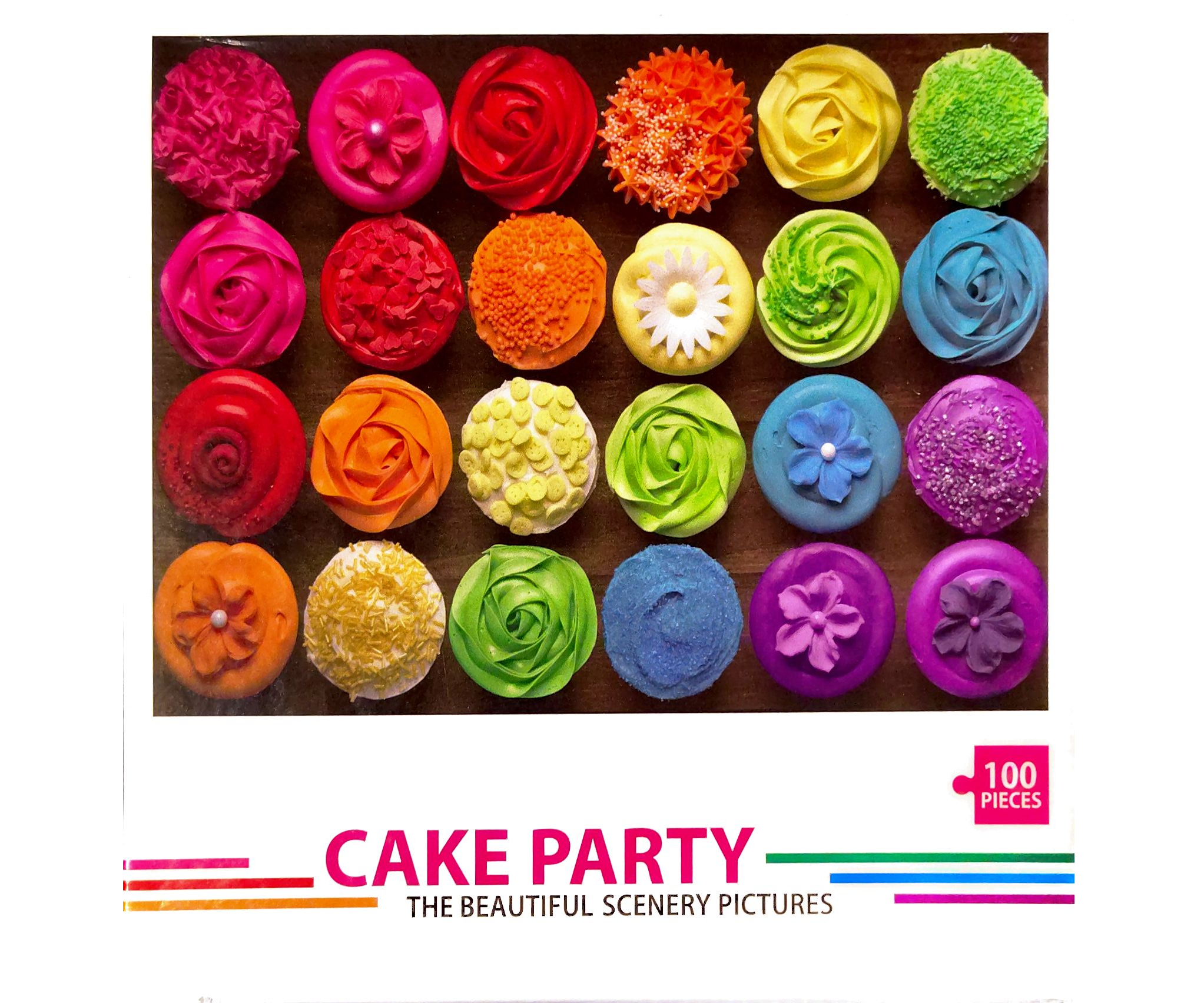 Puzzle cover showing cupcakes with colorful frosting in rainbow order.