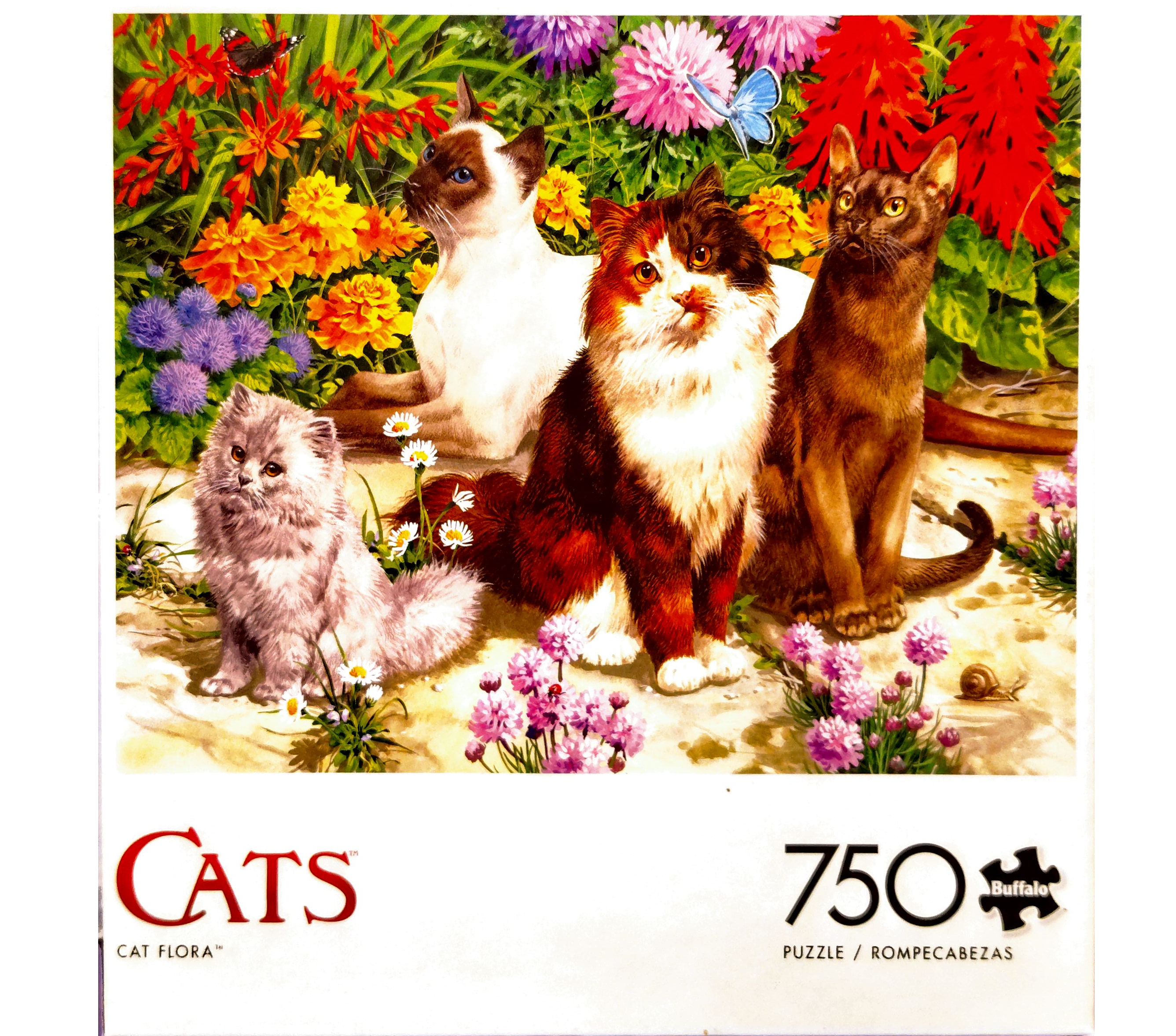 Puzzle cover showing several different cats sitting near a variety of flowers.