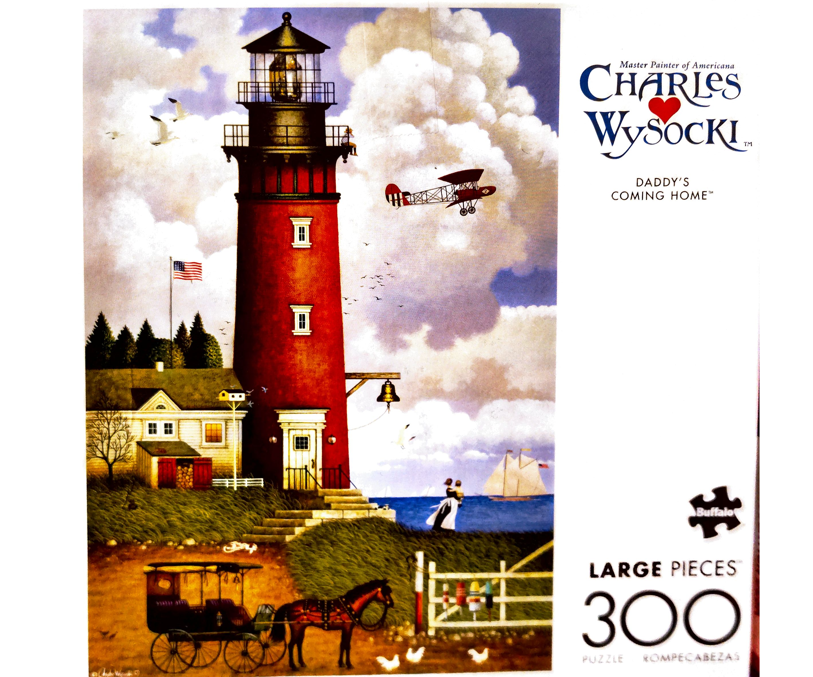 Puzzle cover showing an illustration of a lighthouse with a ship approaching and a woman holding a child looking out to the sea.