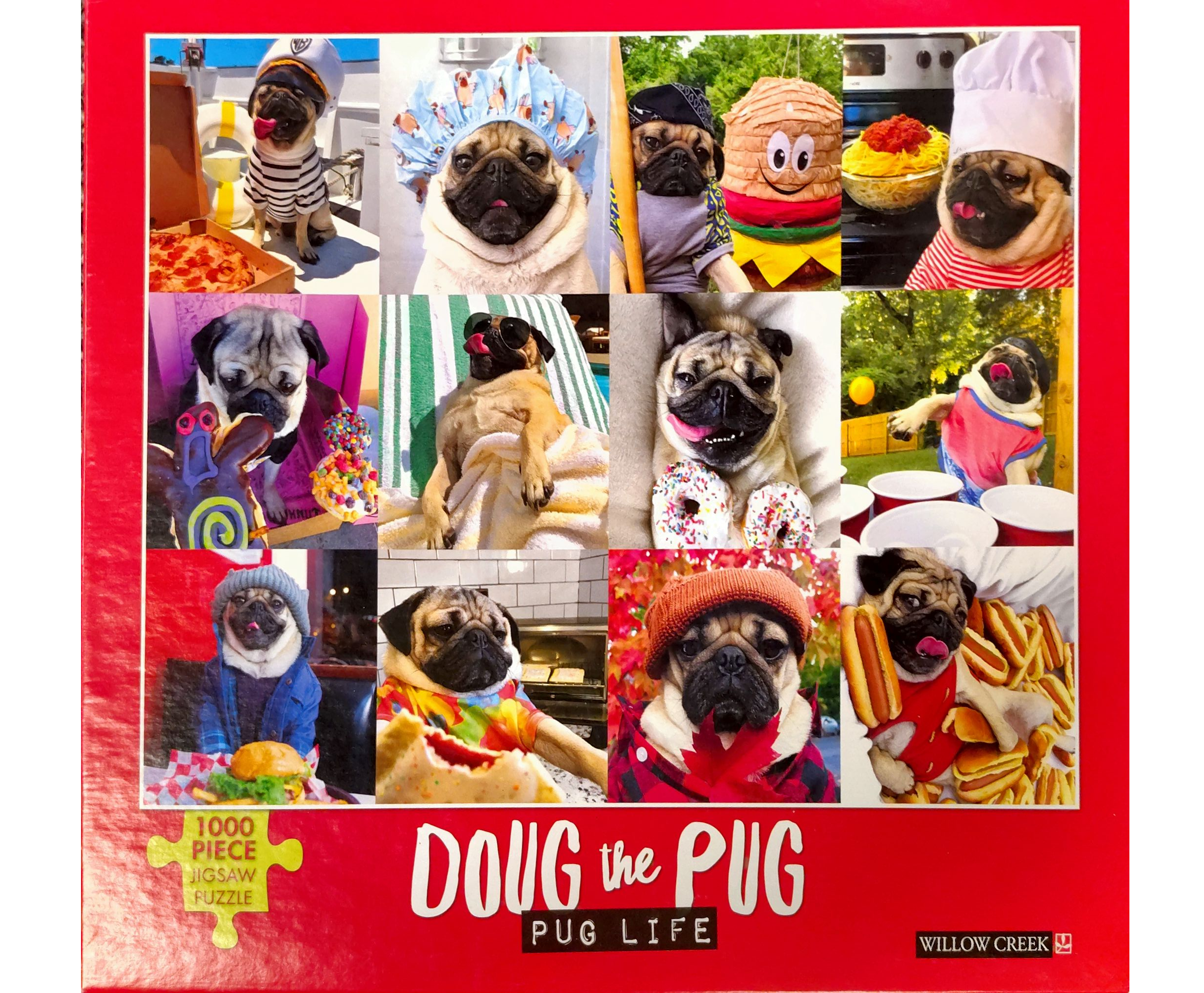 Puzzle cover showing a collage of images of Doug, a pug who became internet famous.