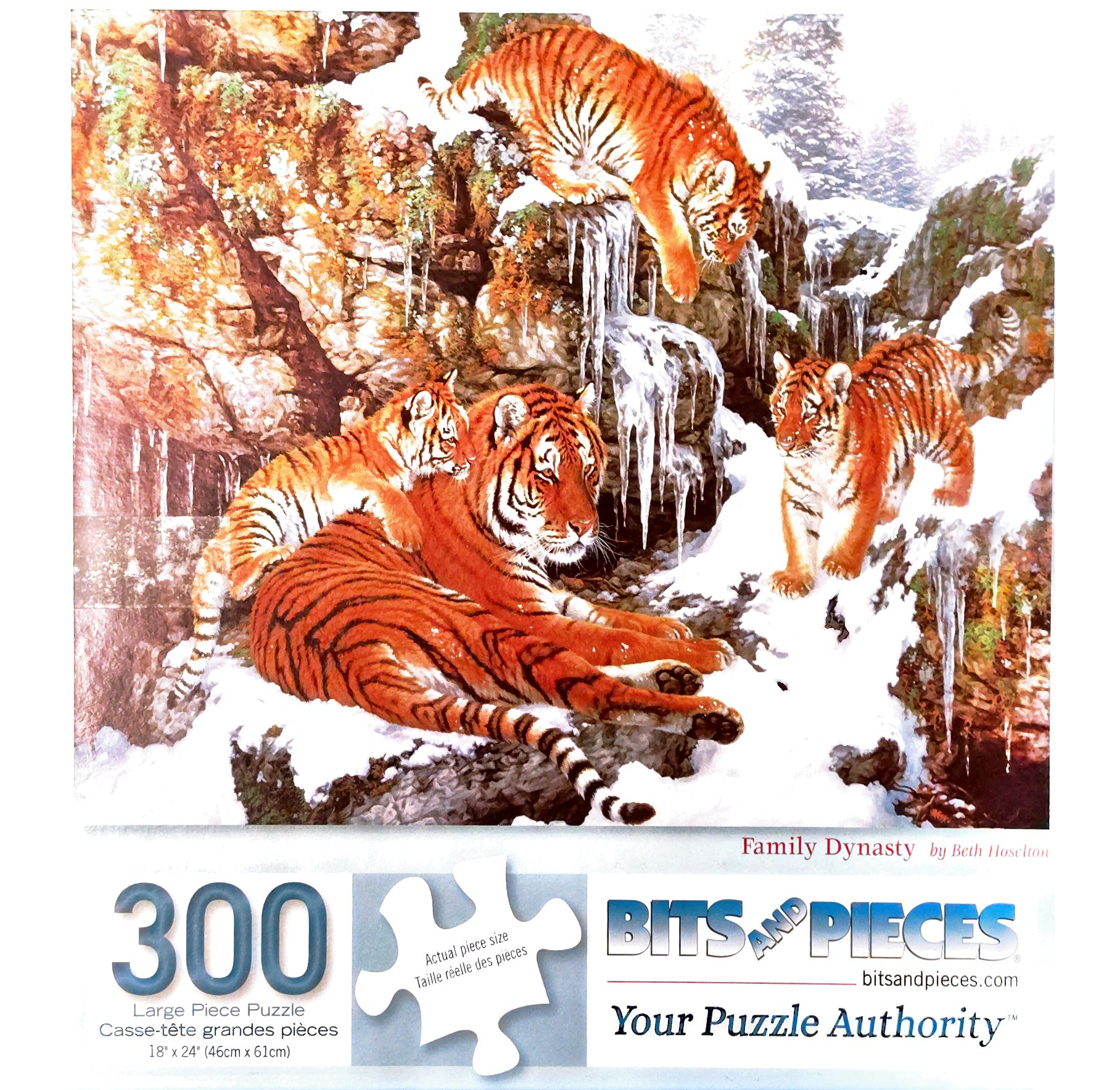 Puzzle cover showing a snowy mountain with a group of tigers walking around.