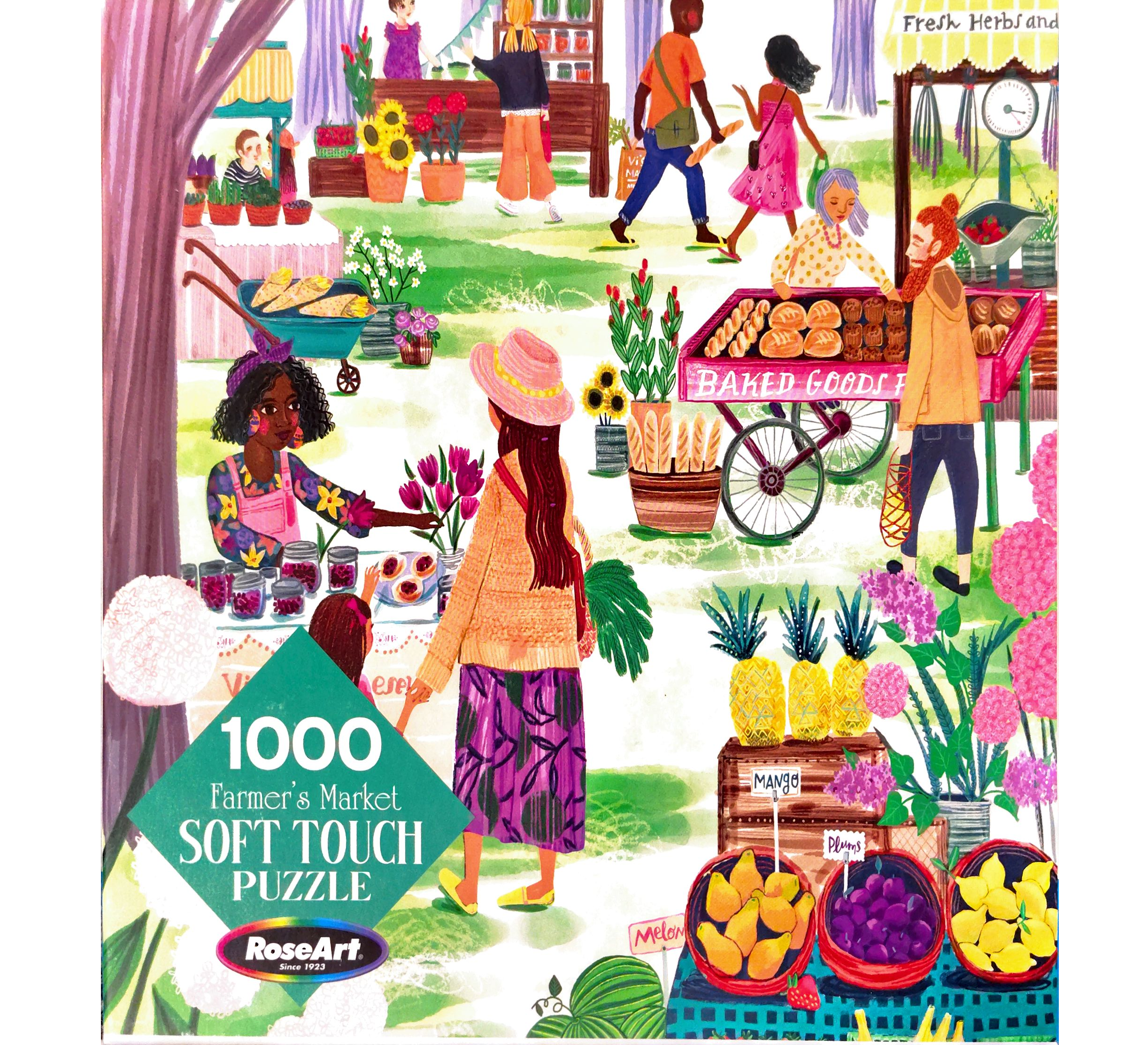Puzzle cover showing an artistic drawing of people walking around different stalls buying fruits and flowers.