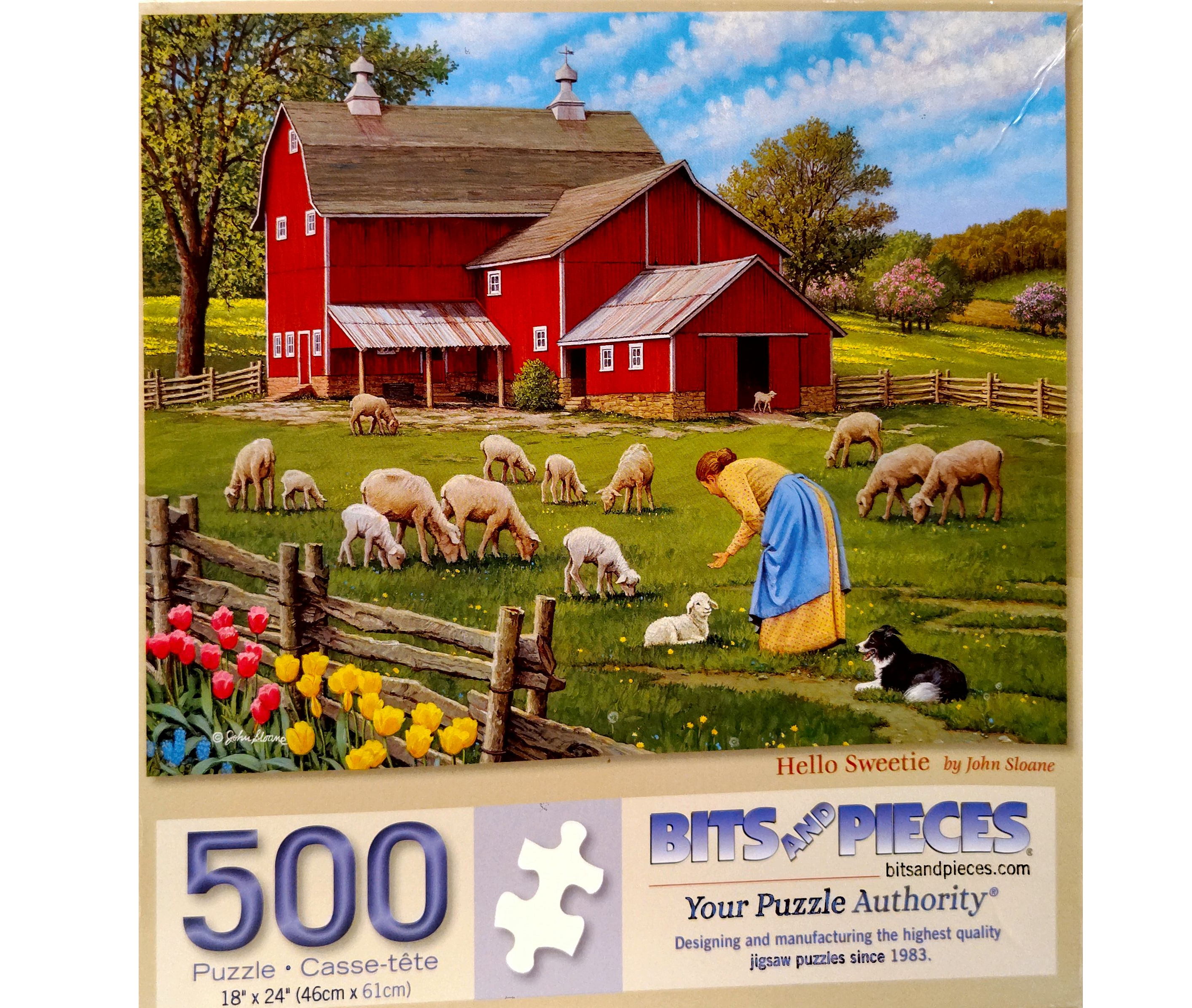 Puzzle cover of a woman in a sheep pen petting a baby sheep.