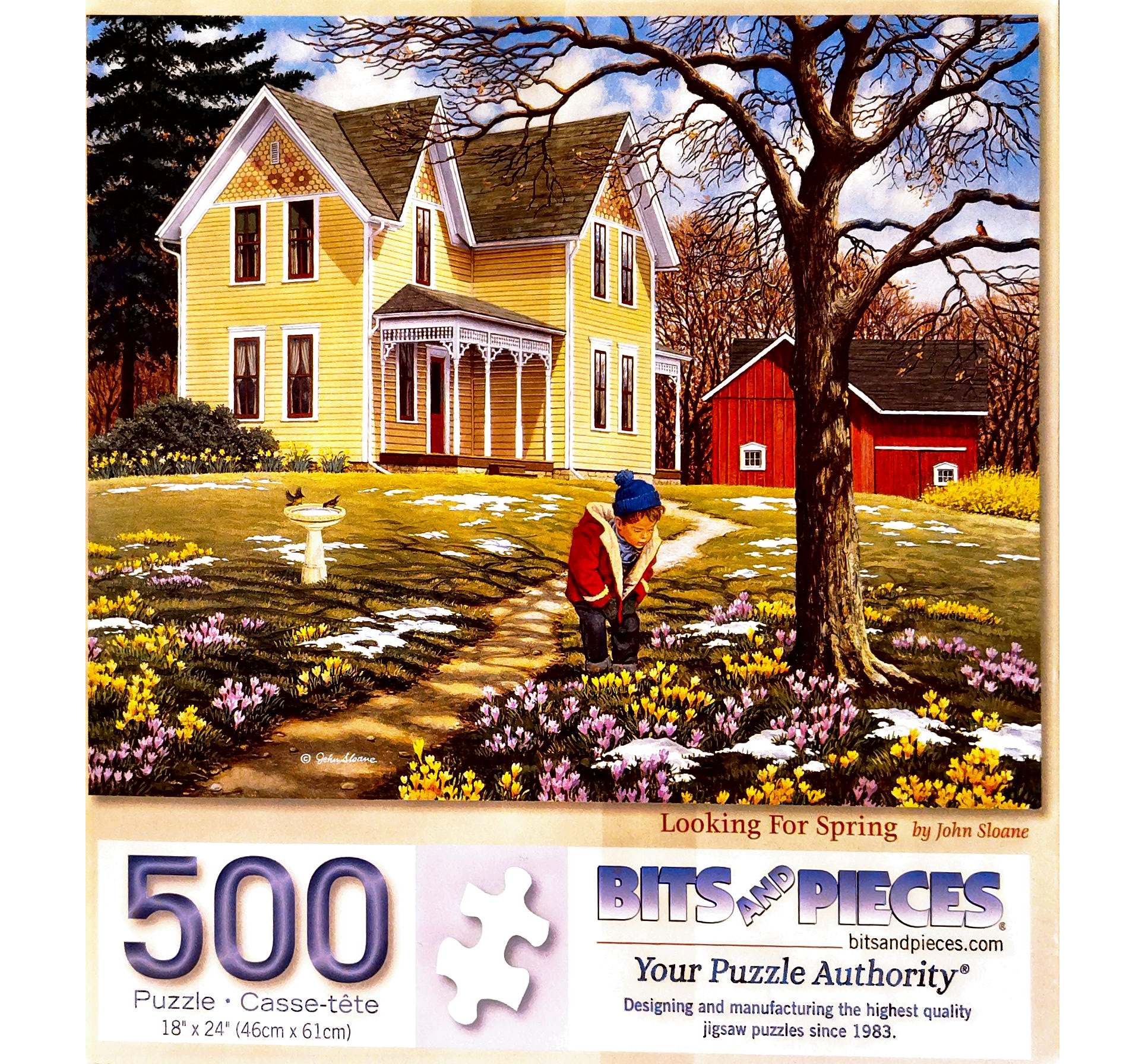 Puzzle cover with an illustration of a little boy in a coat walking around the yard that has some melted snow patches.