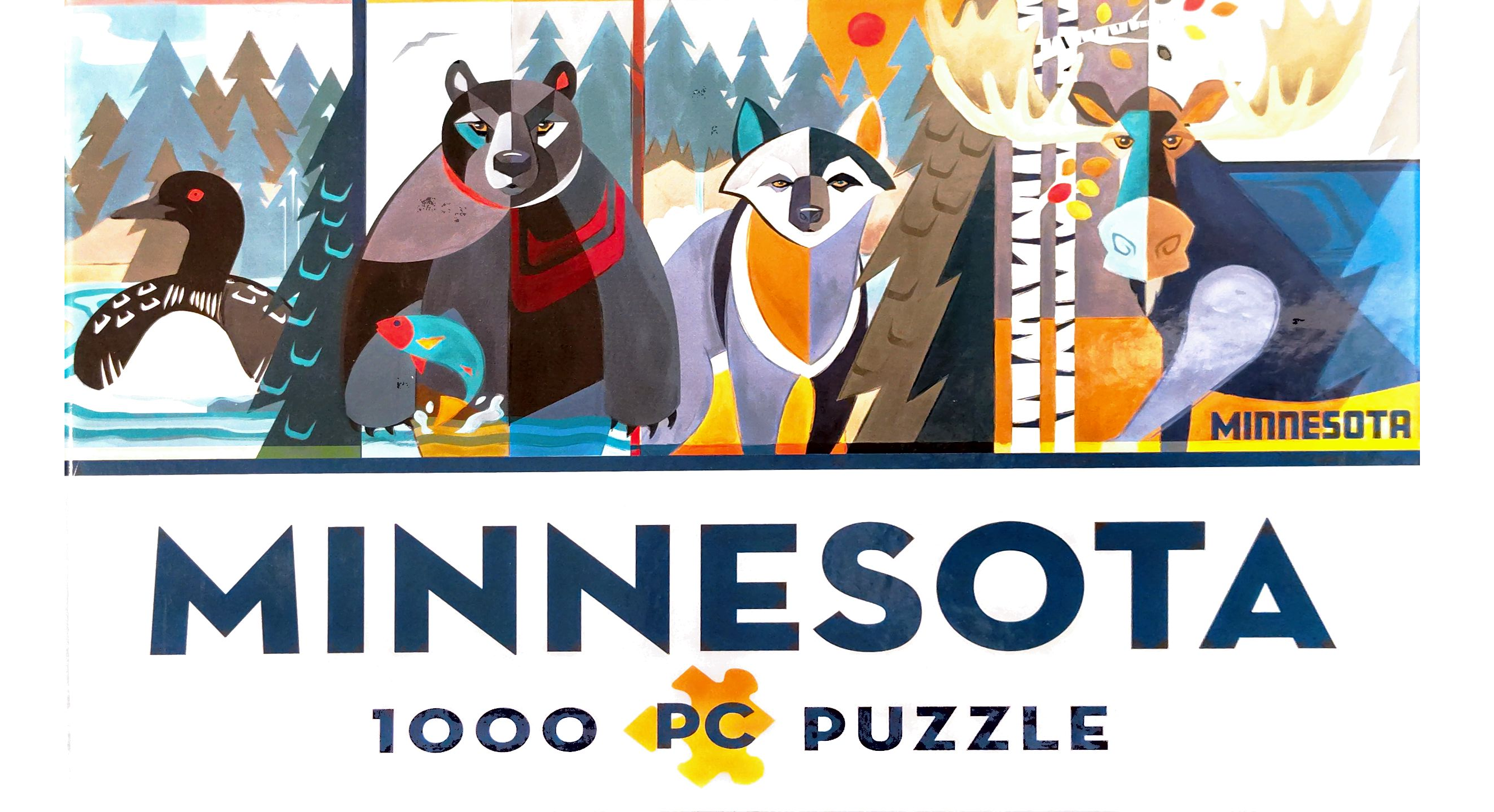 Puzzle cover showing illustrations of different animals that live in Minnesota.