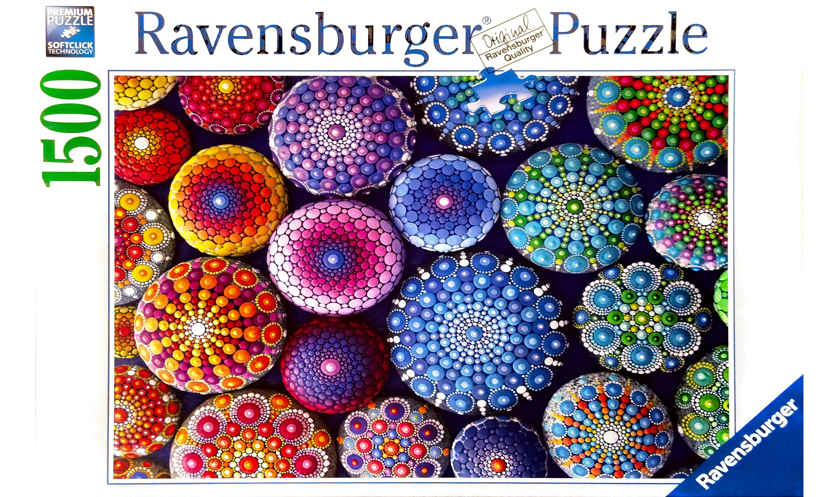 Puzzle cover showing rocks that have been decorated by using one dot of pain in different patterns.