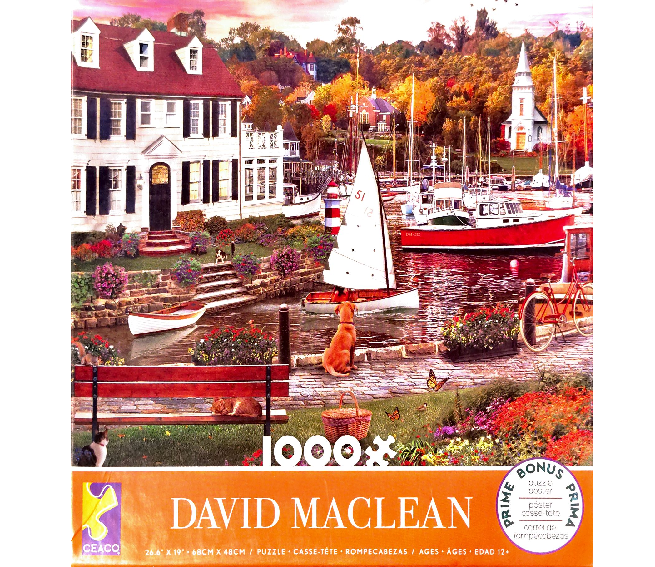 Puzzle cover showing an image of a river with different boats floating and a dog looking out on the water.