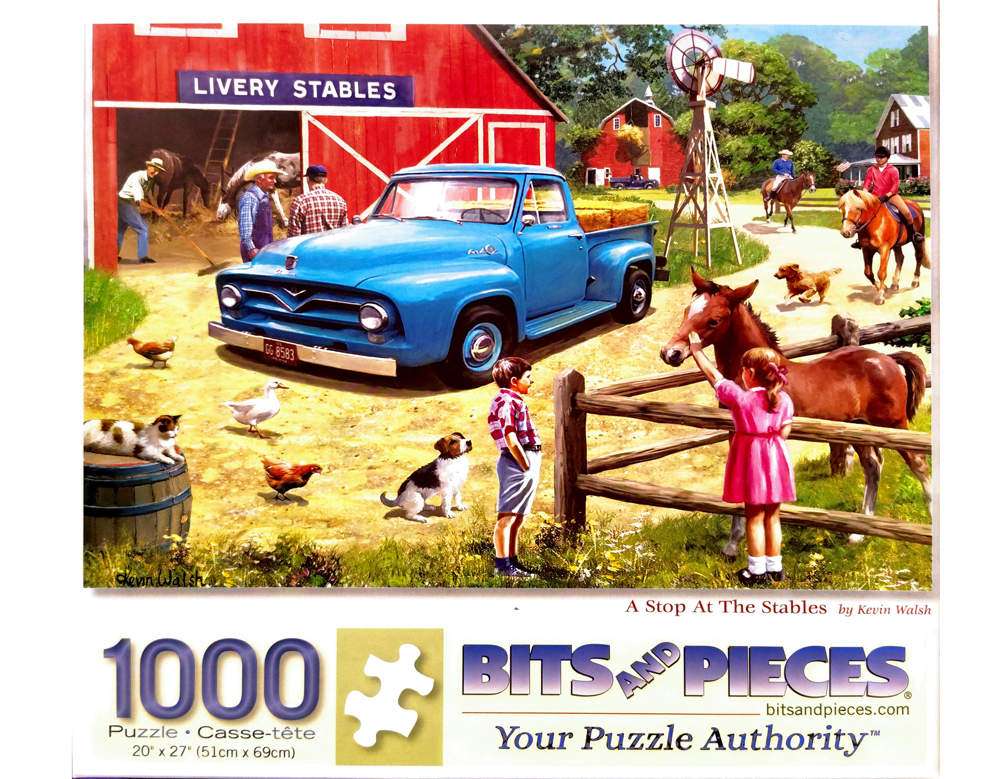 Puzzle cover showing a red barn with a blue truck sitting outside. A young girl and little boy are petting a horse that is in a stable.