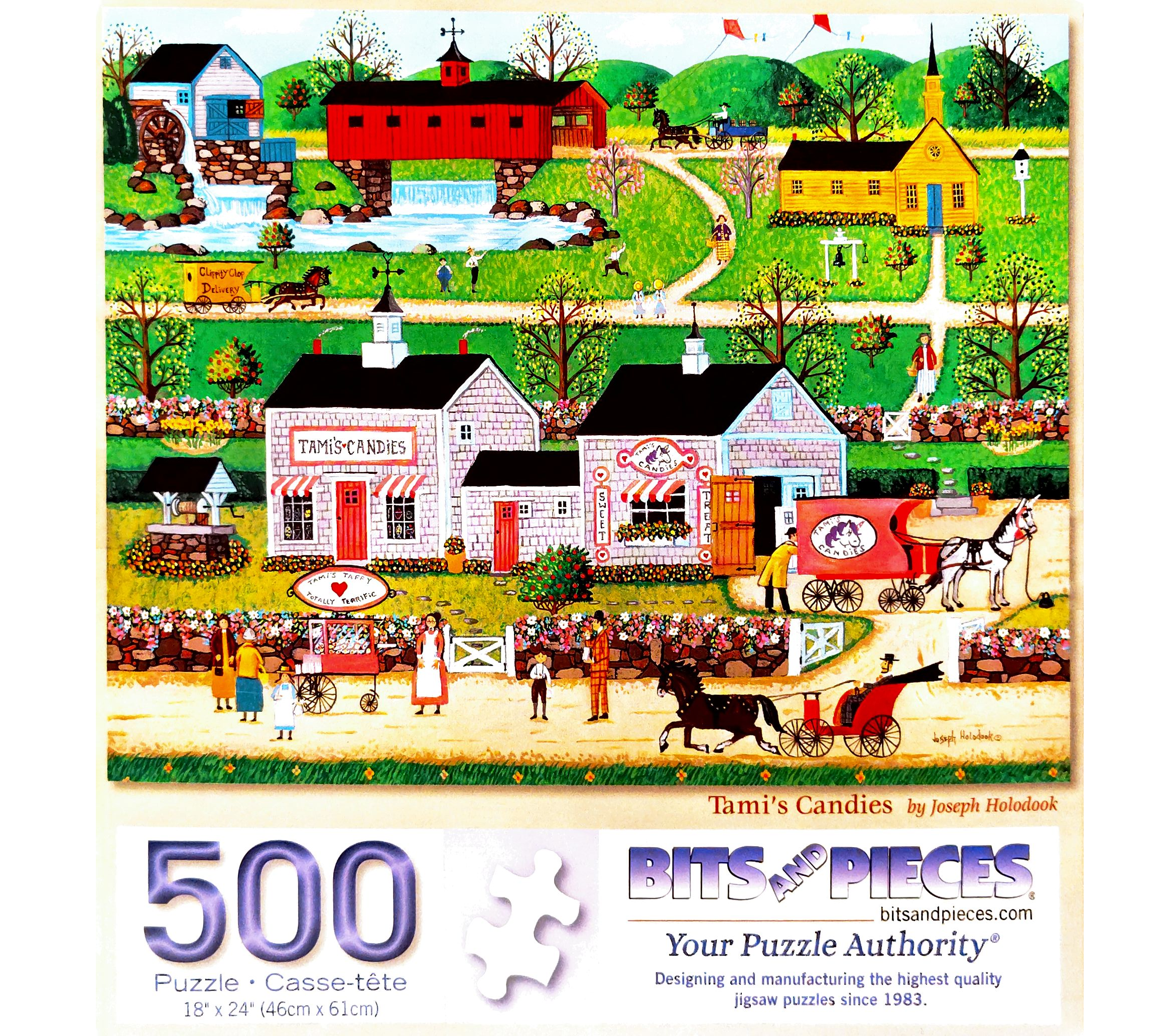 Puzzle cover showing an illustration of a small town and several children standing outside a candy shop.