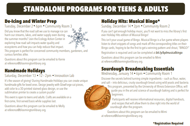 List of events happening at the library for Teens and Adults during the winter. A PDF version is available.