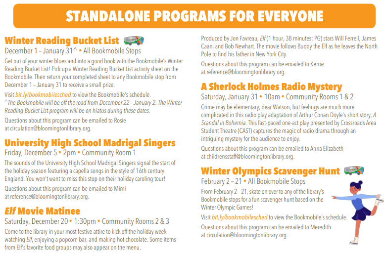 List of events happening for everyone during Winter at Bloomington Library