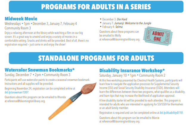 List of events happening at the library for adults during winter. A PDF version is available.