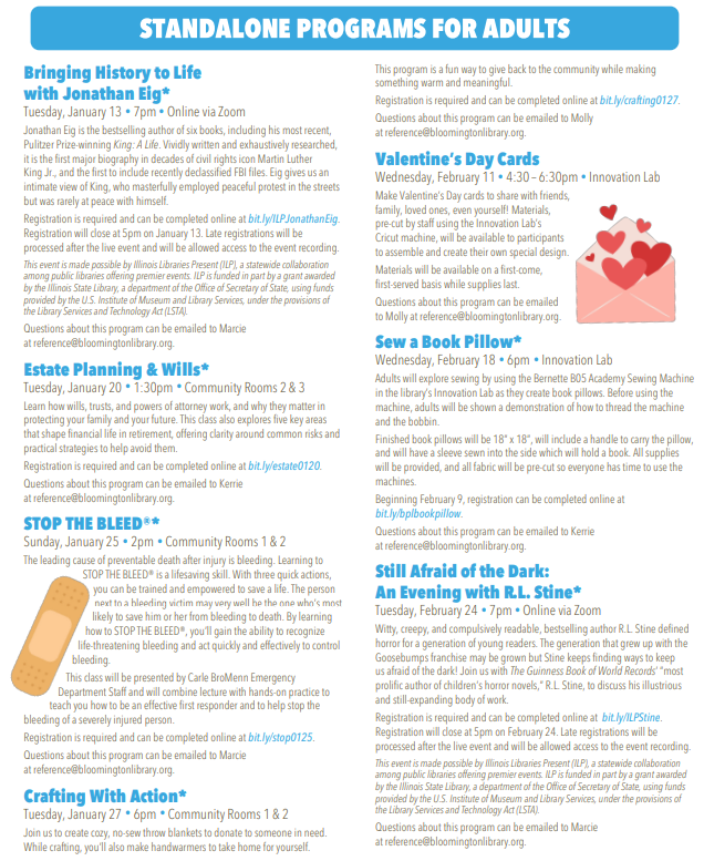 List of events happening at the library for adults during the winter. A PDF version is available.