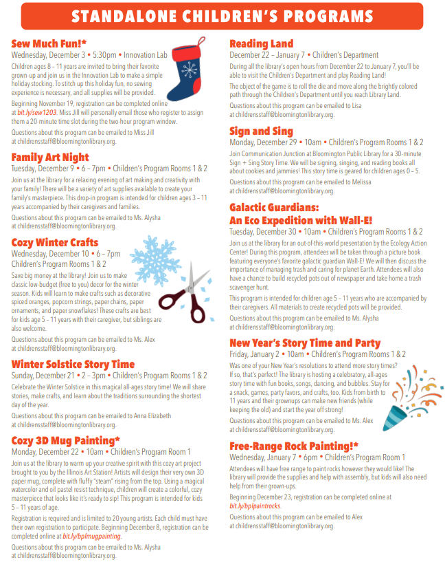 List of events happening at the library for children during the winter. A PDF version is available.