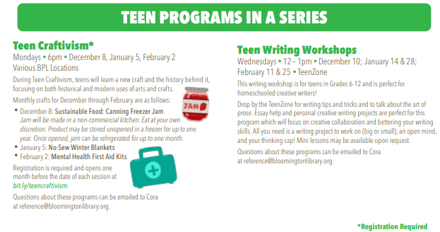 List of events happening at the library for teens during the winter. A PDF version is available.