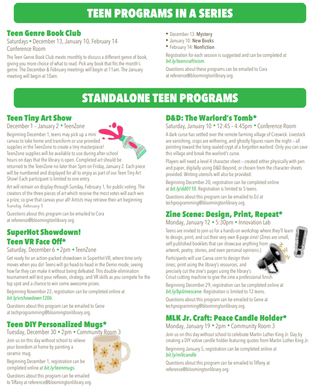 List of events happening at the library for teens during winter. A PDF version is available.