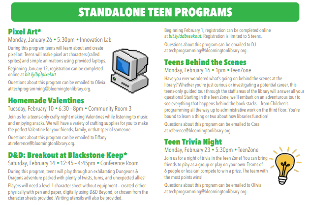 List of events happening at the library for teens this winter. A PDF version is available.