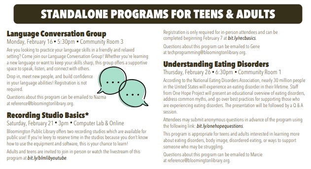 List of events happening at the library for teens and adults during the winter. A PDF version is available.