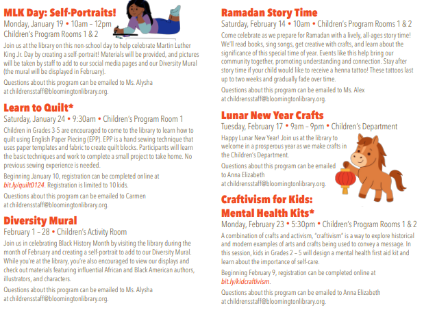 List of events happening at the library for children during the winter. A PDF version is available.