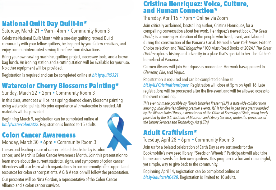 Spring Program Guide list of activities for adults. A PDF with selectable, searchable, and copyable text is also available.