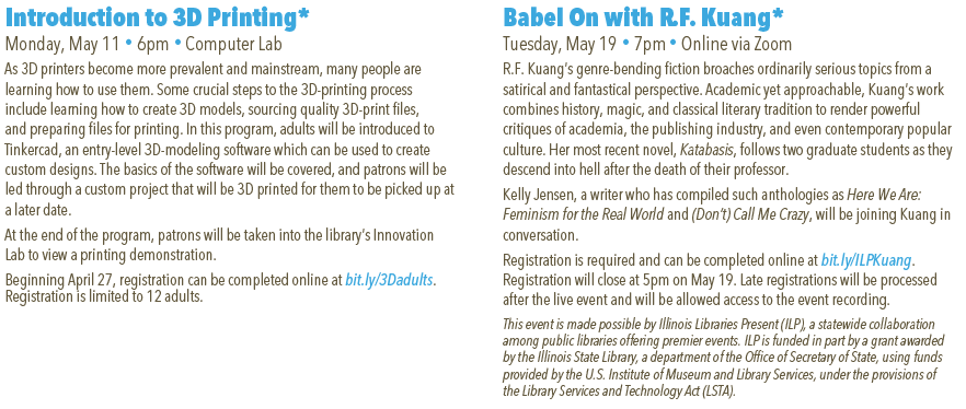 Spring Program Guide list of activities for adults. A PDF with selectable, searchable, and copyable text is also available.