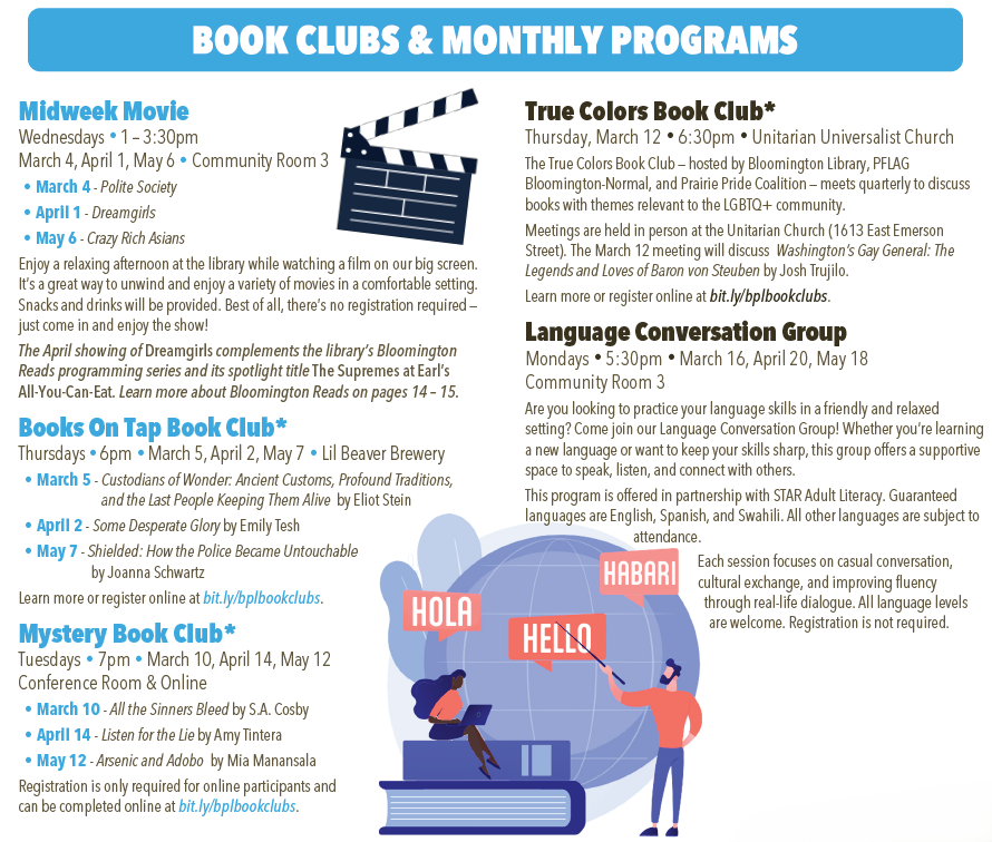 Spring Program Guide list of activities for adults. A PDF with selectable, searchable, and copyable text is also available.