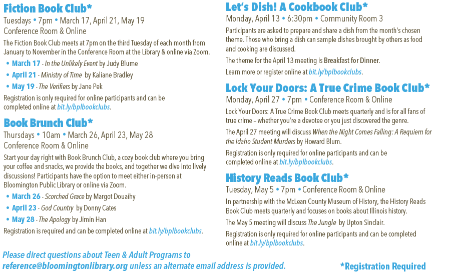 Spring Program Guide list of activities for adults. A PDF with selectable, searchable, and copyable text is also available.