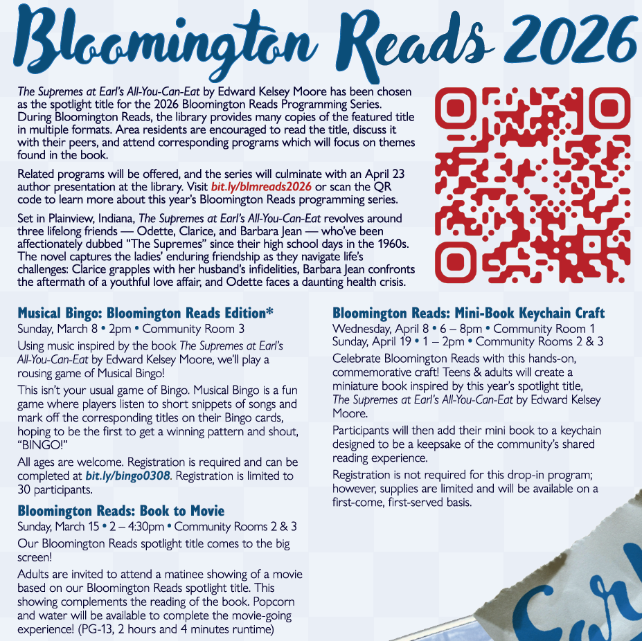 Spring Program Guide list of activities for the Bloomington Reads Series. A PDF with selectable, searchable, and copyable text is also available.