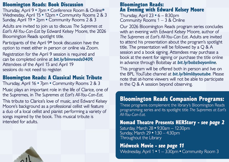 Spring Program Guide list of activities for the Bloomington Reads Series. A PDF with selectable, searchable, and copyable text is also available.