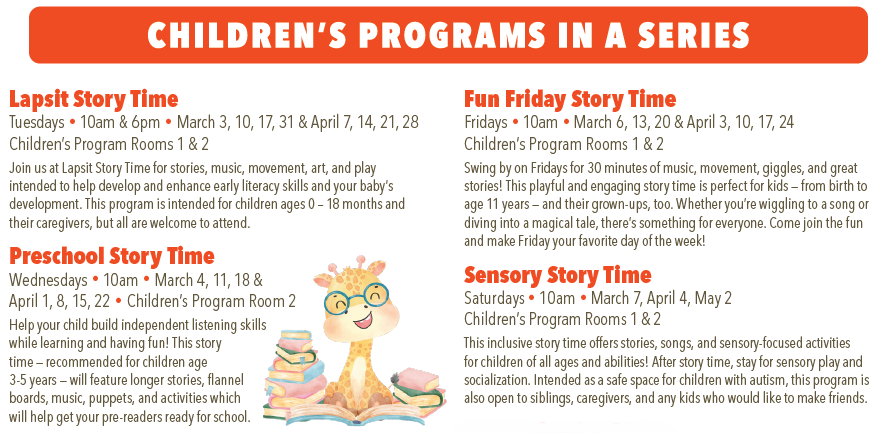 Spring Program Guide list of activities for children. A PDF with selectable, searchable, and copyable text is also available.