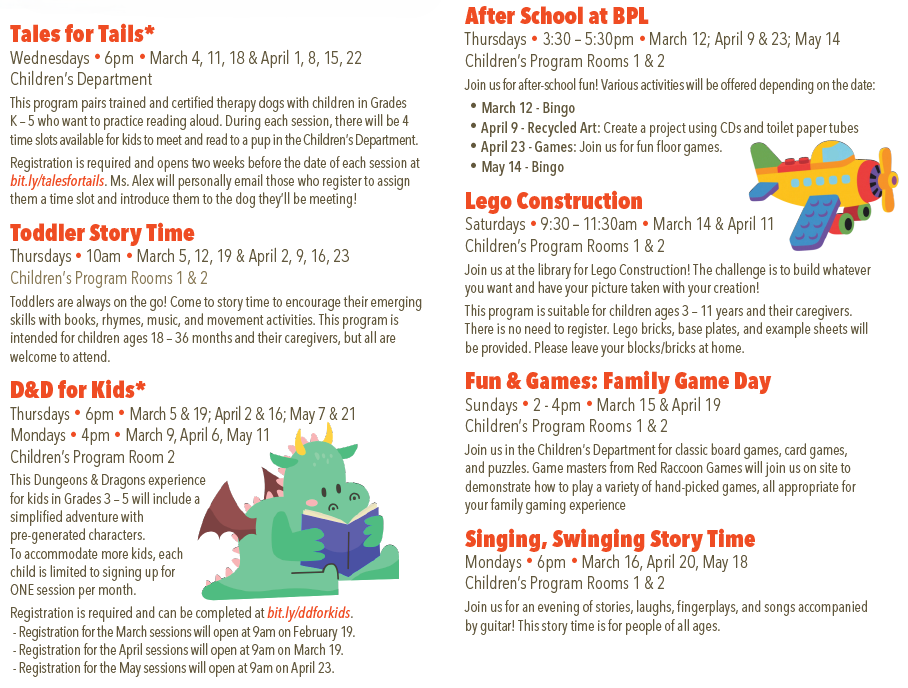 Spring Program Guide list of activities for children. A PDF with selectable, searchable, and copyable text is also available.