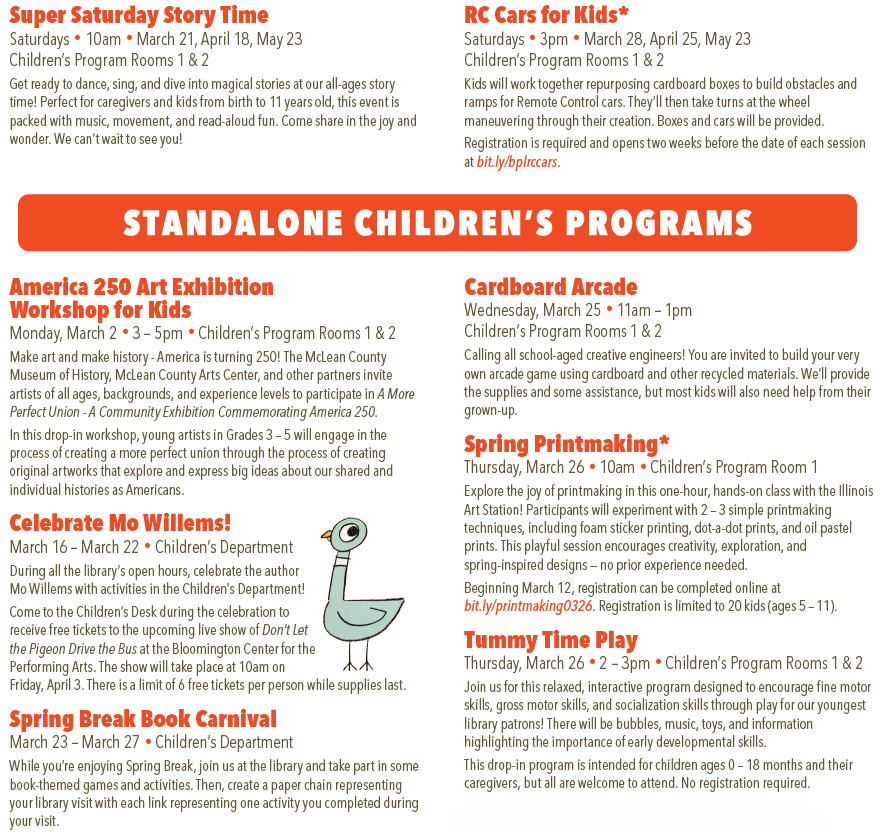 Spring Program Guide list of activities for children. A PDF with selectable, searchable, and copyable text is also available.