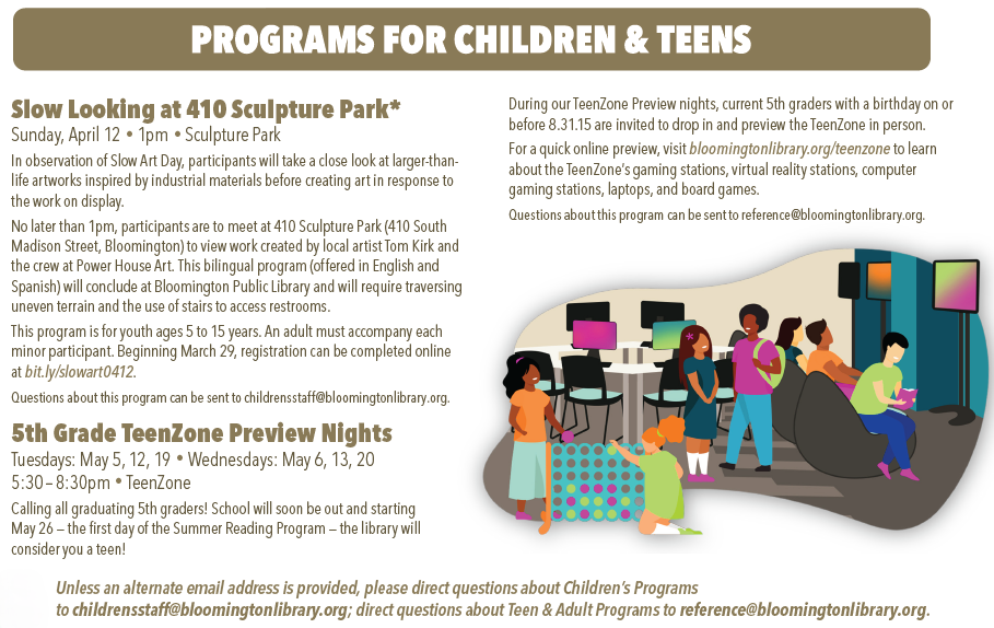 Spring Program Guide list of activities for both children and teens. A PDF with selectable, searchable, and copyable text is also available.