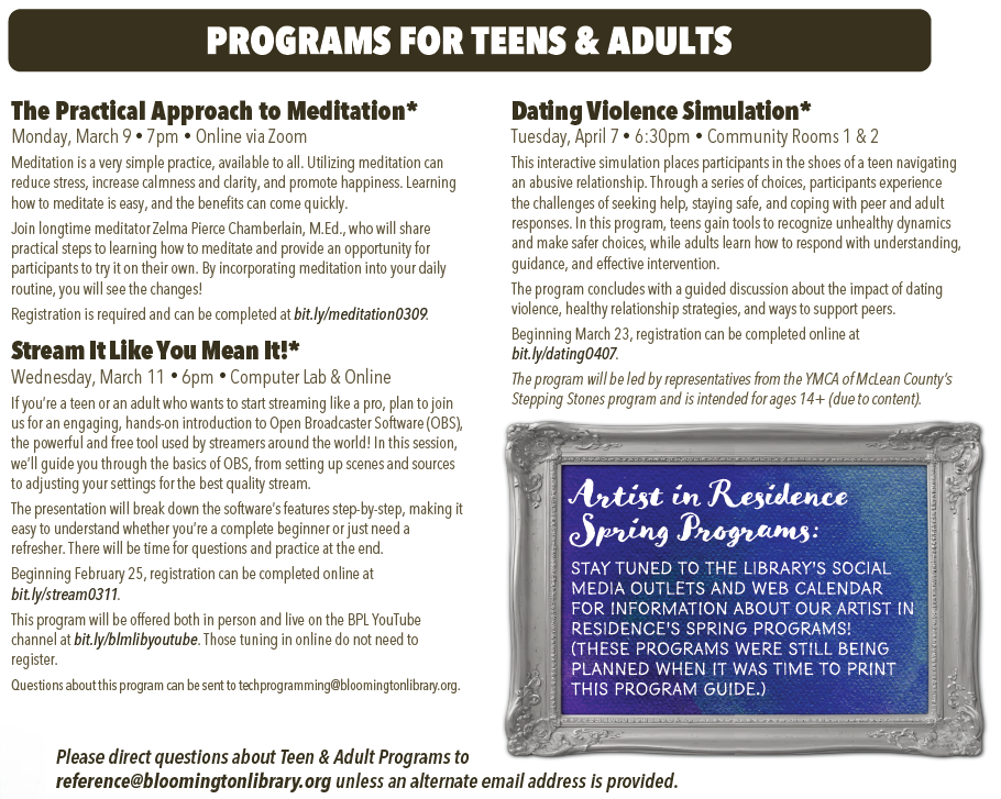 Spring Program Guide list of activities for both teens and adults. A PDF with selectable, searchable, and copyable text is also available.
