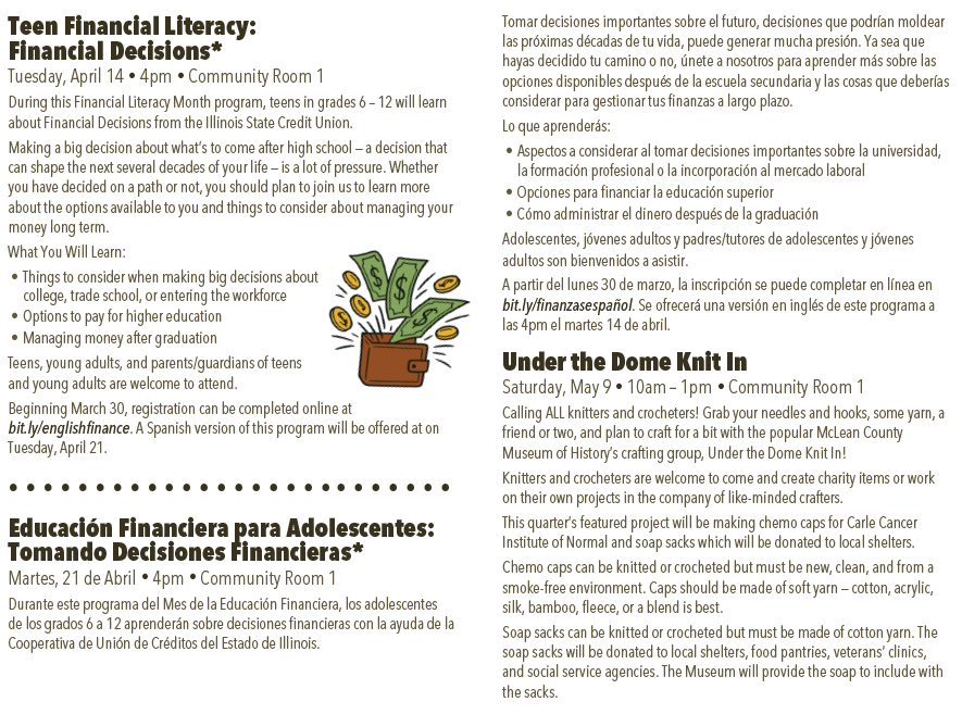 Spring Program Guide list of activities for both teens and adults. A PDF with selectable, searchable, and copyable text is also available.