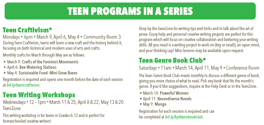 Spring Program Guide list of activities for teens. A PDF with selectable, searchable, and copyable text is also available.