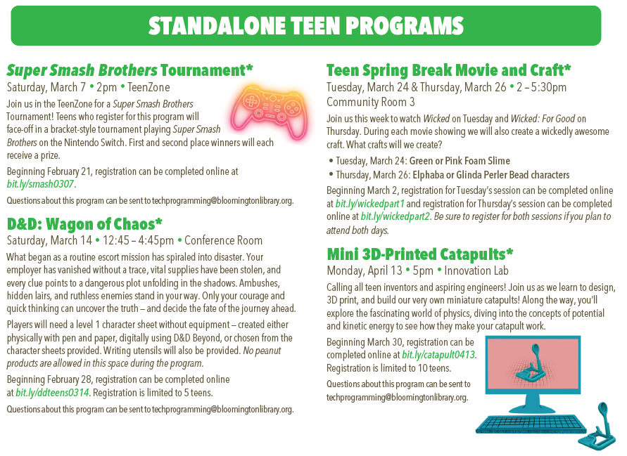 Spring Program Guide list of activities for teens. A PDF with selectable, searchable, and copyable text is also available.