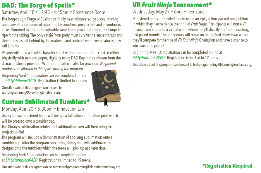 Spring Program Guide list of activities for teens. A PDF with selectable, searchable, and copyable text is also available.