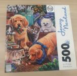Puzzle cover of different cats and dogs in a garden holding packets of seeds with their mouth