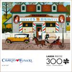 Puzzle Cover of a cartoon rendering of a Barber shop with an old style yellow car and a horse and buggy on the street.