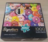Puzzle cover showing a variety of brightly colored donuts.