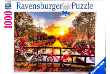 Puzzle cover showing a few bicycles propped up on a bridge at sunset.