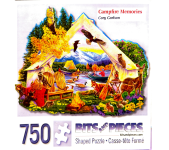 Puzzle cover showing a tent near a campfire, but inside the tent is a view of a mountain area with birds flying around.
