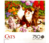 Puzzle cover showing several different cats sitting near a variety of flowers.