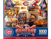 Puzzle cover showing different Chicago Cubs baseball team merchandise and flags.
