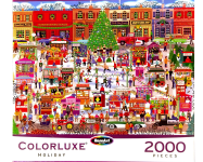 Puzzle cover showing an illustration of a busy street with man vendors and people shopping for the Christmas Holiday.