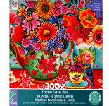 Puzzle cover showing an illustration of a bouquet of flowers inside a tea kettle.