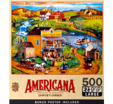 Puzzle cover showing an illustration of a small town this a horse and buggy in front of a busy store.
