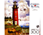 Puzzle cover showing an illustration of a lighthouse with a ship approaching and a woman holding a child looking out to the sea.