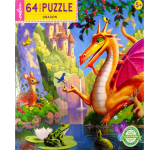 Puzzle cover showing a Dragon sitting near a lake with several animal friends like a bird, a frog, a deer and a rabbit.